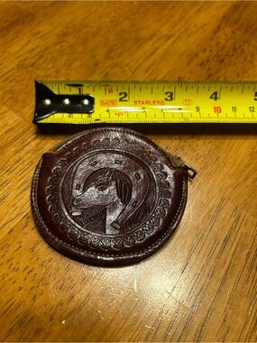 Vintage Handcrafted Brown Leather Coin Pouch with Embossed Horse Motif